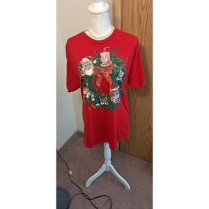 Holiday Time Meowy Christmas Cats and Ribbons Wreath T Shirt Medium (38-40)